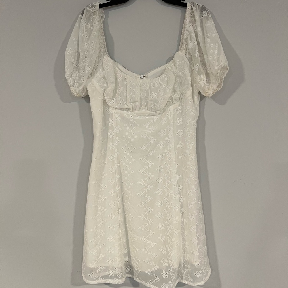 All in favor White eyelet mini dress, size medium.